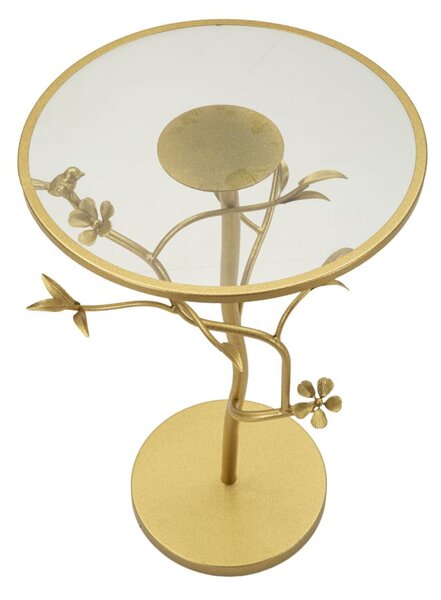 Tavolinetto Birds Glass Ø38x60 cm in Ferro e Vetro Oro
