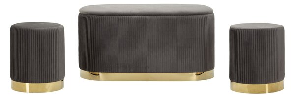 Panca con Contenitore e Sgabelli Shopy Grigia Set 3 Pz 80x37x42 cm - Ø29x35 cm in Ferro e MDF e Spugna e Poliestere Grigio e Oro