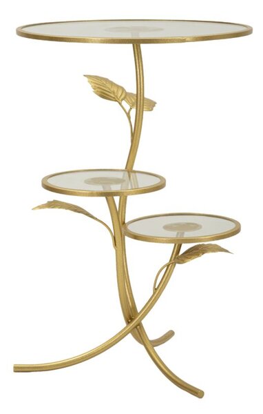 Tavolinetto 3 Ripiani Leaf Ø54x69,5 cm in Ferro e Vetro Oro