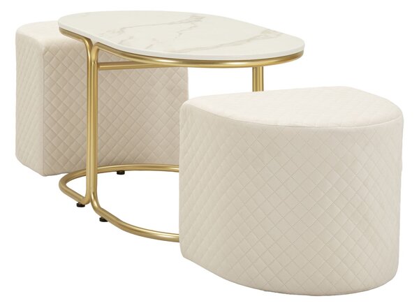Tavolo da Caffè con 2 Puff Relax 79x45x44 cm in Pino e MDF e Spugna e Poliestere e Metallo