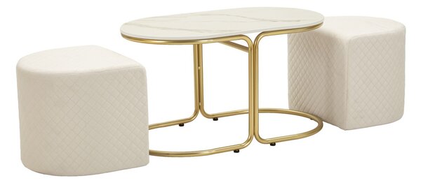 Tavolo da Caffè con 2 Puff Relax 79x45x44 cm in Pino e MDF e Spugna e Poliestere e Metallo