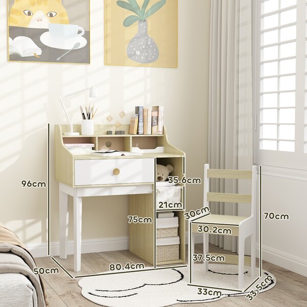 AIYAPLAY Set Scrivania per Bambini e Sedia in Legno con Scaffale e Cassetto, Età 3-10 Anni, Bianco e Legno