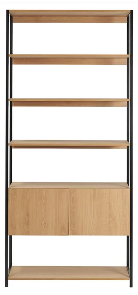 Libreria a ripiani con vano contenitore chiuso finitura legno chiaro rovere e metallo nero L94 cm FLEA