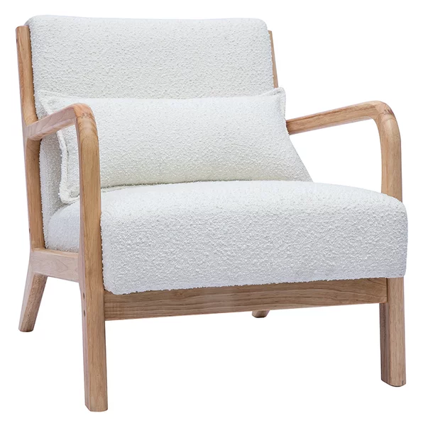 Sedia scandinava in tessuto effetto lana bouclé bianco e legno massello chiaro DERRY