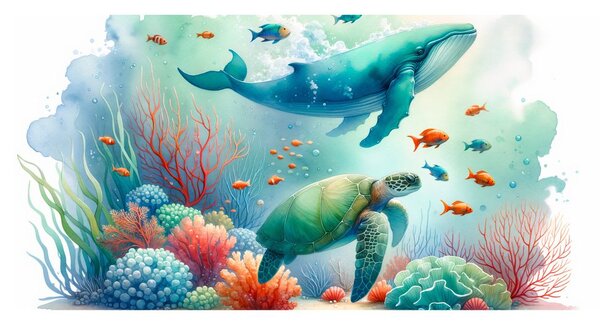 Quadro su tela – Tartaruga e balena nell’oceano