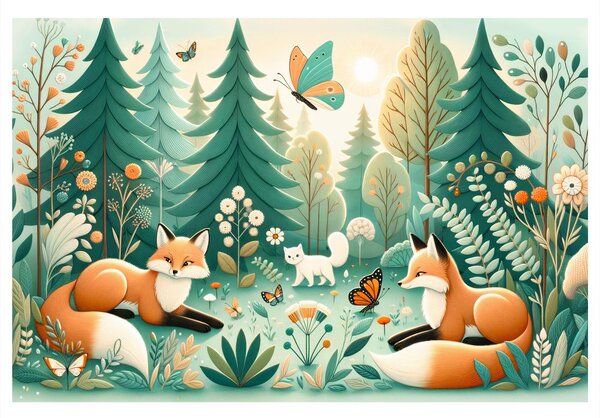 Quadro su tela – Tranquillità del bosco con volpi
