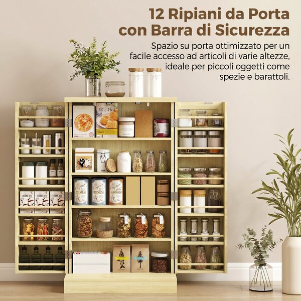 HOMCOM Dispensa 104 cm, 12 rastrelliere spezie, ripiani regolabili, legno naturale. | Aosom Italy