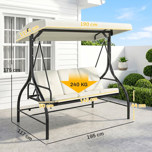 Outsunny Outusunny Dondolo Letto da Giardino 3 Posti con Tettuccio Regolabile, in Acciaio e Poliestere, 195x117x175 cm, Crema e Nero|Aosom