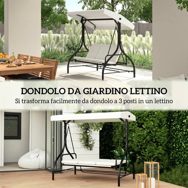 Outsunny Outusunny Dondolo Letto da Giardino 3 Posti con Tettuccio Regolabile, in Acciaio e Poliestere, 195x117x175 cm, Crema e Nero|Aosom