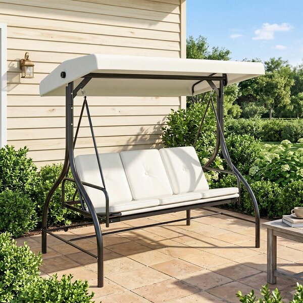 Outsunny Outusunny Dondolo Letto da Giardino 3 Posti con Tettuccio Regolabile, in Acciaio e Poliestere, 195x117x175 cm, Crema e Nero|Aosom