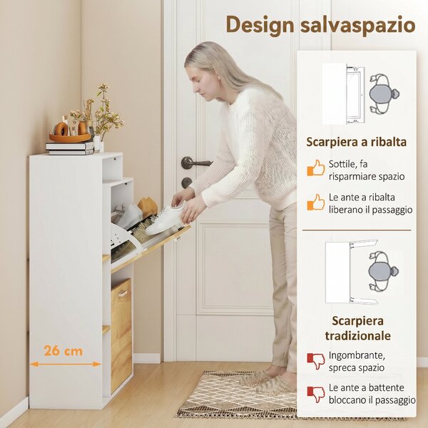 HOMCOM Mobile Portascarpe con 2 cassetti ribaltabili e ripiani, Bianco e Legno Naturale | Aosom Italy