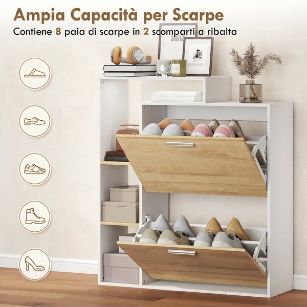 HOMCOM Mobile Portascarpe con 2 cassetti ribaltabili e ripiani, Bianco e Legno Naturale | Aosom Italy
