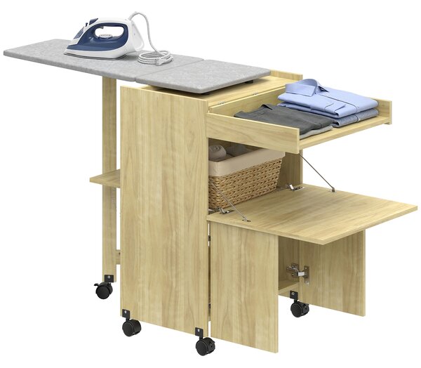 HOMCOM Armadio Asse da Stiro Pieghevole con Porta Ferro e Indumenti con Vano Aperto,154x55x87 cm, Legno Naturale | Aosom Italy