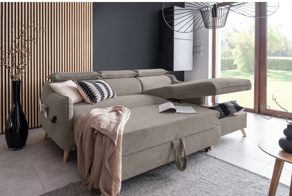 Divano letto angolare in velluto marrone chiaro (angolo destro) Sweet Harmony - Miuform
