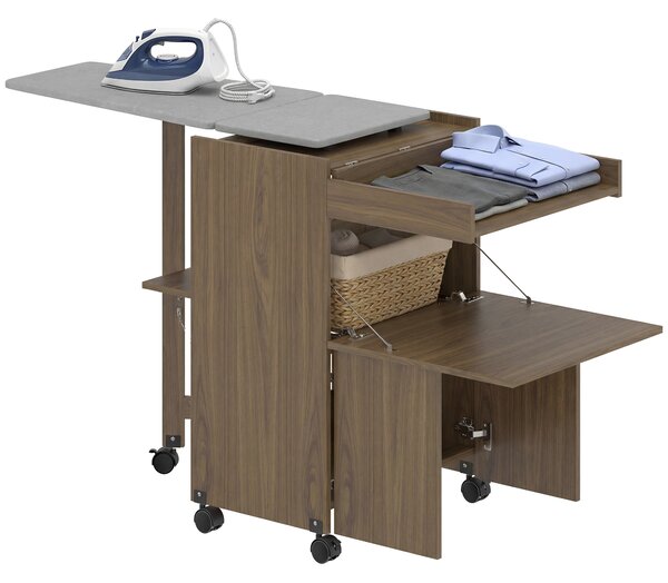 HOMCOM Armadio Asse da Stiro Pieghevole con Porta Ferro e Indumenti con Vano Aperto,154x55x87 cm, Marrone | Aosom Italy