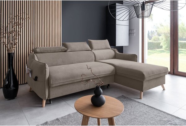 Divano letto angolare in velluto marrone chiaro (angolo destro) Sweet Harmony - Miuform