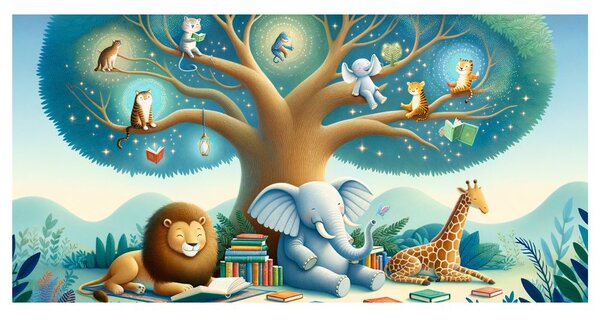 Quadro su tela – Animali sotto l’albero con libro
