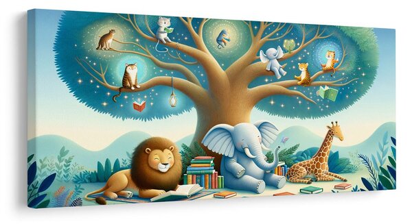 Quadro su tela – Animali sotto l’albero con libro