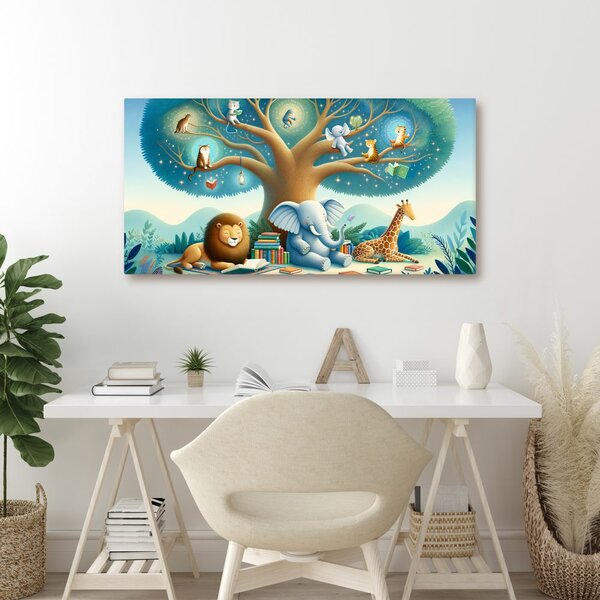 Quadro su tela – Animali sotto l’albero con libro