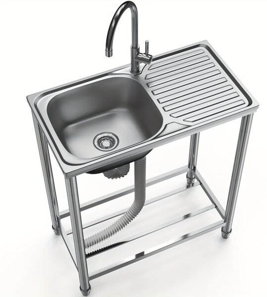 Lavello in acciaio inossidabile per esterno - Lavello da giardino - Lavello mobile - Rubinetto esterno - Unico lavello - 75x40x80 cm
