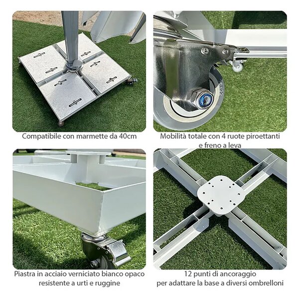 Base per Ombrellone da Giardino con Ruote 87x87 cm in Ferro Verniciato Bianco
