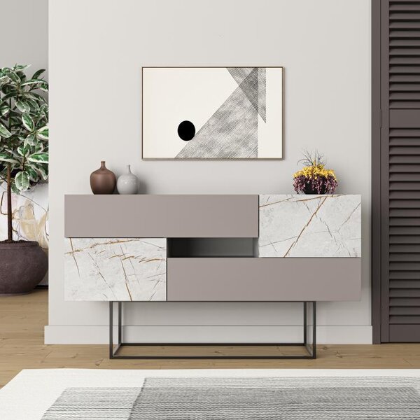 Consolle Moderna 145x40x82 cm con 2 Ante 2 Cassetti e Gambe Alte Tortora e Marmo Bianco
