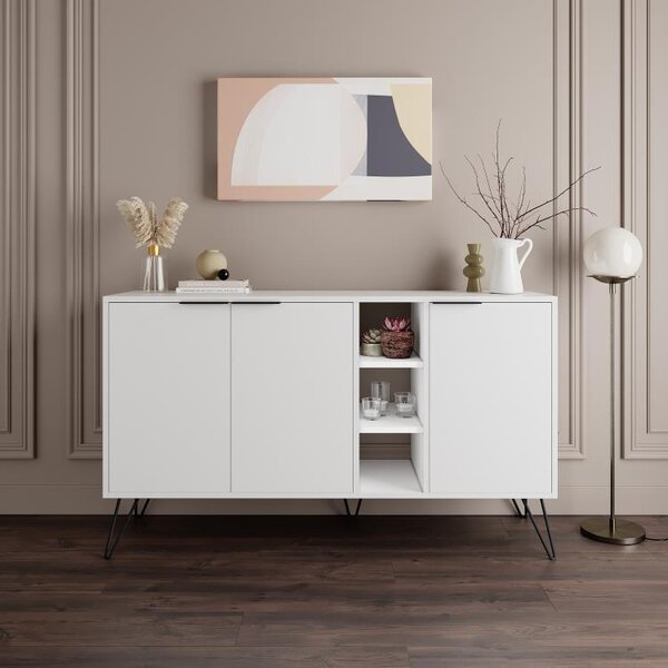 Madia Moderna Credenza 142x83 cm con 3 Ante e Vani a Giorno Zaffiro di Bianco