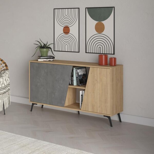 Madia Moderna Credenza Fiona 150x36x82 cm Design Anta Obliqua Grigio Retrò e Zaffiro di Quercia
