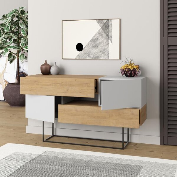 Consolle Moderna 145x40x82 cm con 2 Ante 2 Cassetti e Gambe Alte Zaffiro di Quercia e Bianco