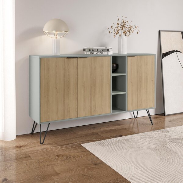 Madia Moderna Credenza 142x83 cm con 3 Ante e Vani a Giorno Quercia e Verde