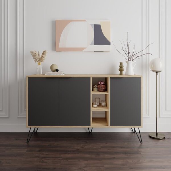 Madia Moderna Credenza 142x83 cm con 3 Ante e Vani a Giorno Rovere e Antracite