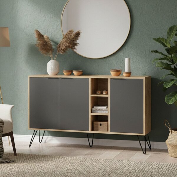 Madia Moderna Credenza 142x83 cm con 3 Ante e Vani a Giorno Rovere e Antracite