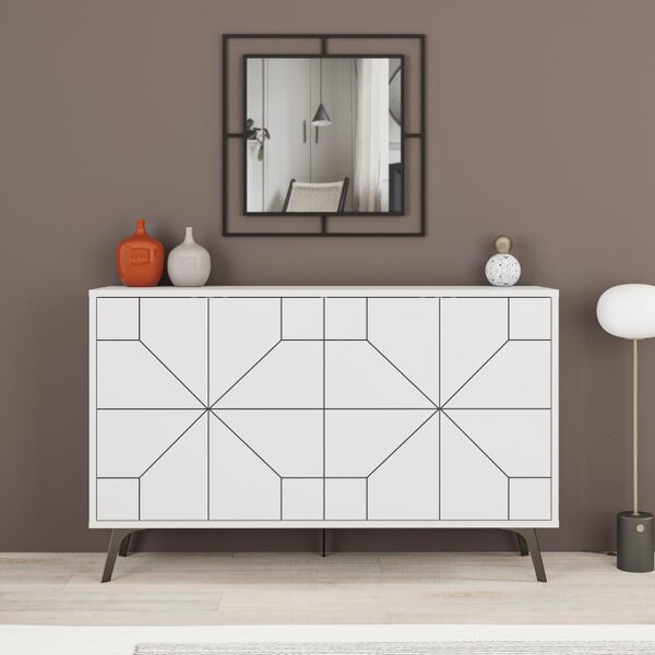 Madia Credenza Design Geometrico Moderno 123x77 cm con 4 Ante in Legno Bianco