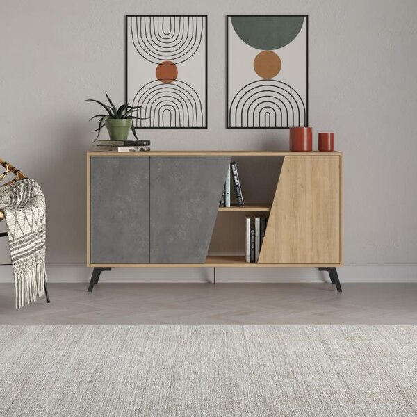 Madia Moderna Credenza Fiona 150x36x82 cm Design Anta Obliqua Grigio Retrò e Zaffiro di Quercia