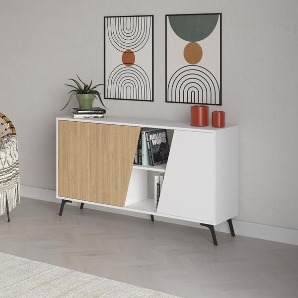Madia Moderna Credenza Fiona 150x36x82 cm Design Anta Obliqua Bianco e Quercia