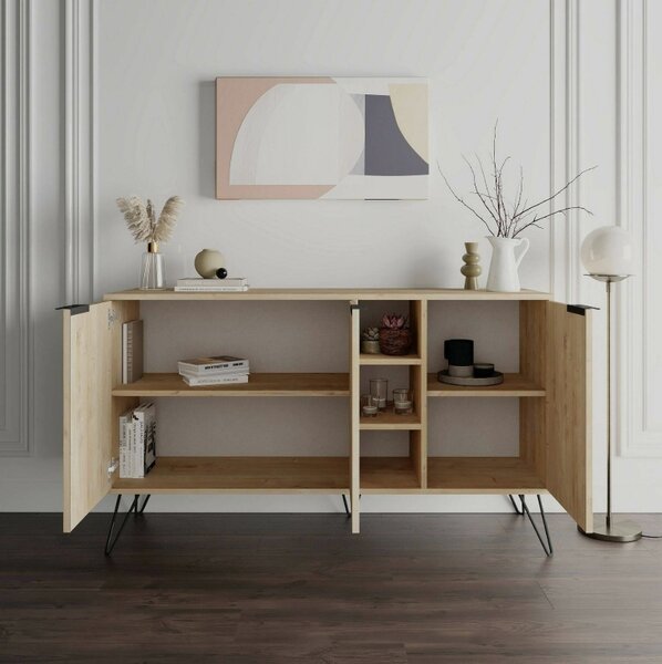Madia Moderna Credenza 142x83 cm con 3 Ante e Vani a Giorno Zaffiro di Quercia