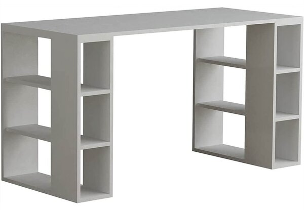Scrivania Tavolo con Gambe Libreria 140x60x75 cm 6 Scomparti Laterali in Legno Bianco