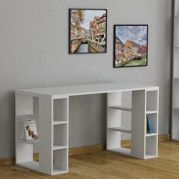 Scrivania Tavolo con Gambe Libreria 140x60x75 cm 6 Scomparti Laterali in Legno Bianco