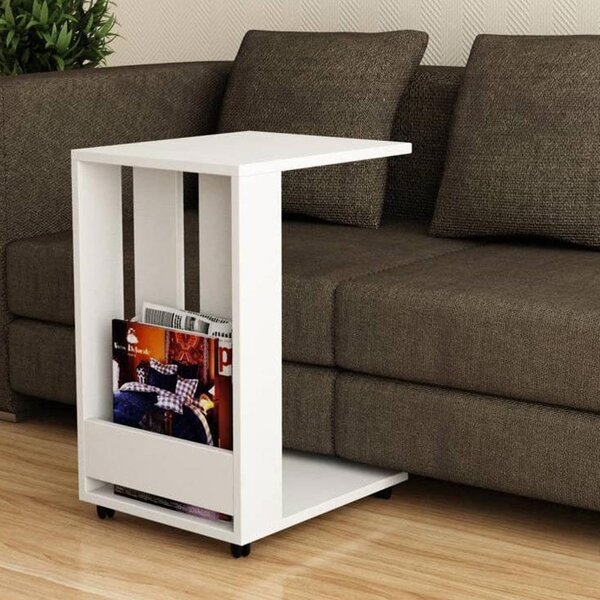 Tavolino Ausiliario da Soggiorno 45x37,5x60 cm con Ruote Affiancabile al Divano in Legno Bianco Tortora Bianco Antico