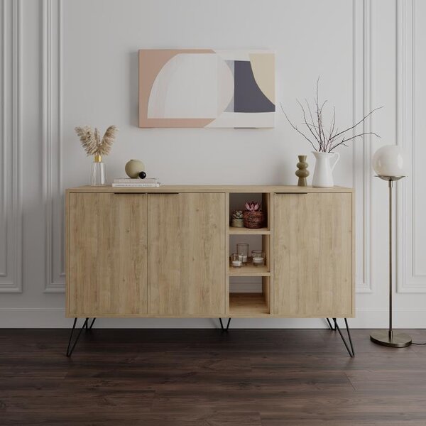 Madia Moderna Credenza 142x83 cm con 3 Ante e Vani a Giorno Zaffiro di Quercia