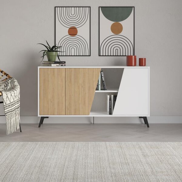 Madia Moderna Credenza Fiona 150x36x82 cm Design Anta Obliqua Bianco e Quercia