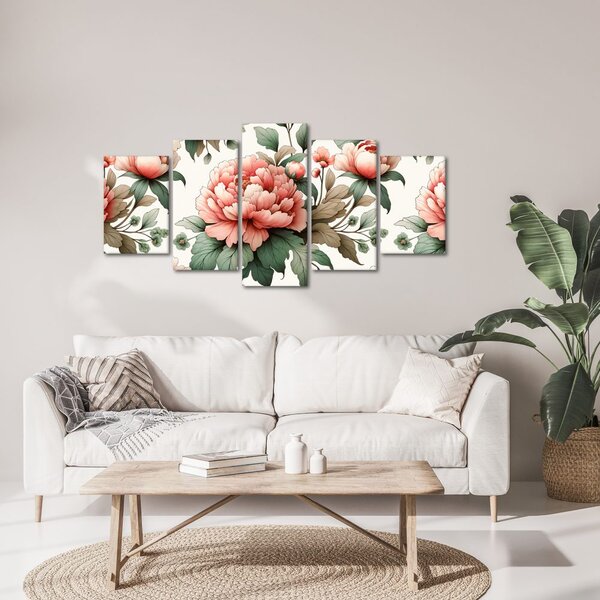 Quadri 5 pezzi – Peonie in tonalità delicate