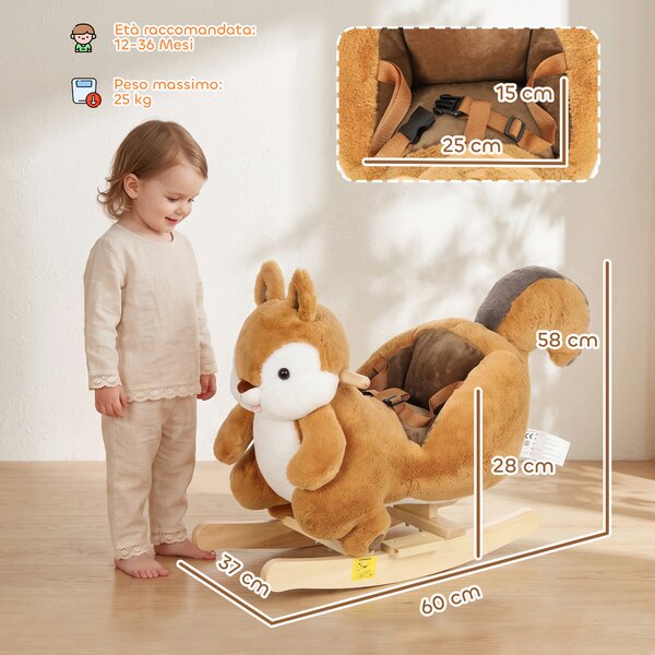 AIYAPLAY Dondolo per Bambini 1-3 Anni a Scoiattolo in Peluche, Suoni, Cintura di Sicurezza, Marrone | Aosom Italy