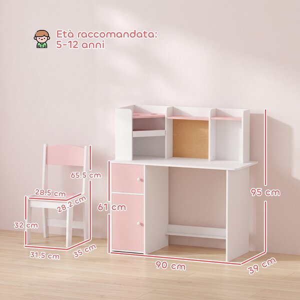 AIYAPLAY Set Scrivania e Sedia per Bambini 5-12 Anni con Libreria, Portapenne, Supporto Regolabile per Tablet, Rosa | Aosom Italy