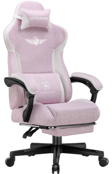 Sedia da gaming – Design ergonomico – Rivestimento in lino rosa – Schienale regolabile fino a 165°