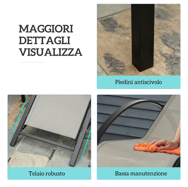 Outsunny Set di 2 Lettini Prendisole e Tavolino con Piano in Vetro, 59x169x66 cm, Grigio | Aosom Italy