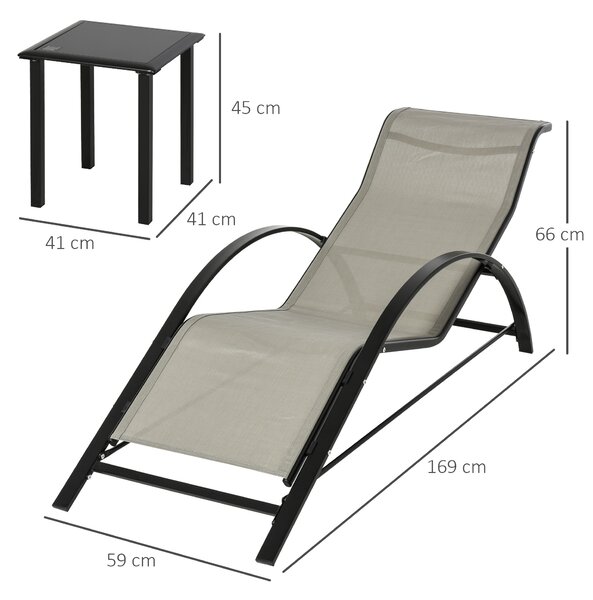 Outsunny Set di 2 Lettini Prendisole e Tavolino con Piano in Vetro, 59x169x66 cm, Grigio | Aosom Italy