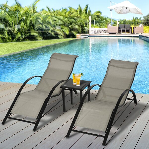 Outsunny Set di 2 Lettini Prendisole e Tavolino con Piano in Vetro, 59x169x66 cm, Grigio | Aosom Italy