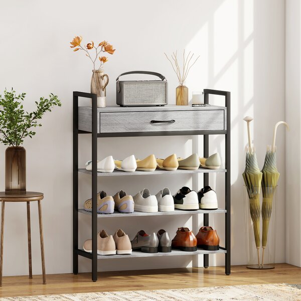 HOMCOM Porta Scarpe a 4 Livelli, Stand per Ingresso per Fino a 9 Paia di Scarpe, Pannello Truciolare, Metallo, Grigio | Aosom Italy