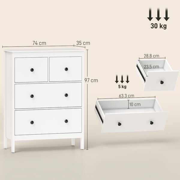 HOMCOM Comò con 4 Cassetti, per Abiti & Biancheria, Soggiorno, Camera da Letto, Corridoio, Truciolato, Bianco | Aosom Italy